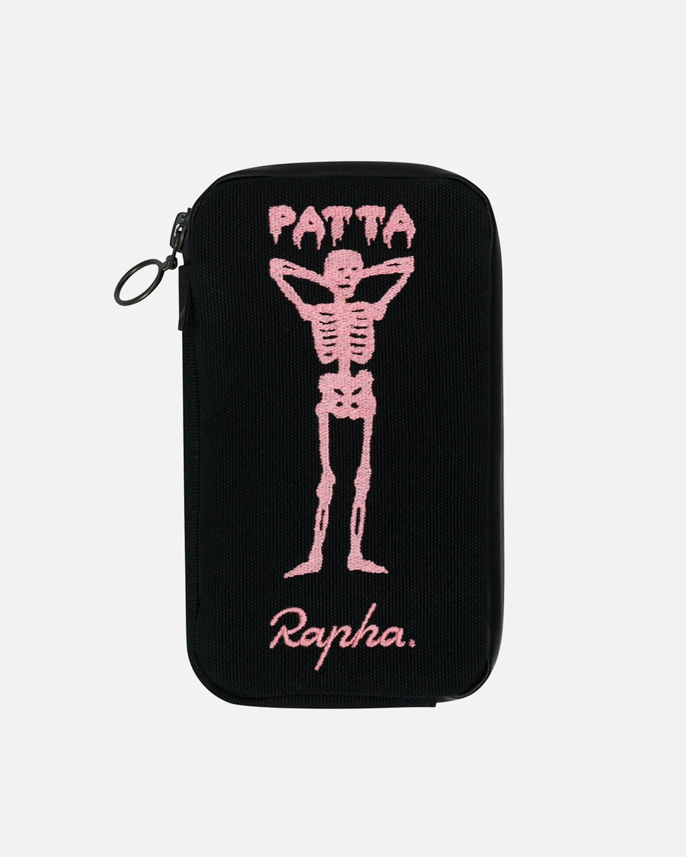 Black Patta x Rapha essentials case featuring pink embroidered skeleton graphic and logo details.